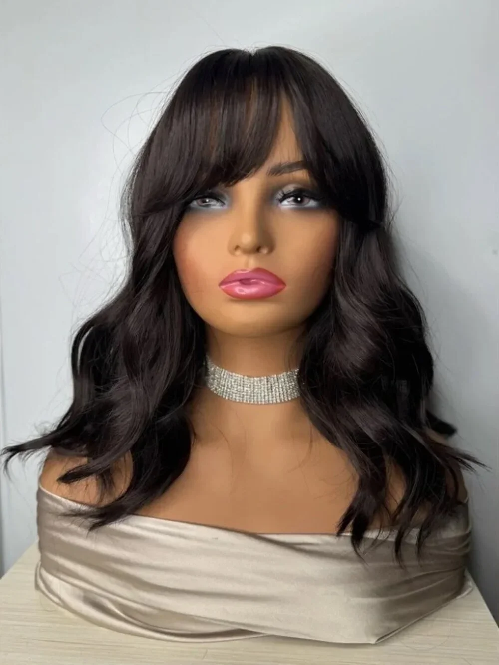 14” Dark Brown Wavy Synthetic Wig with Bangs – Natural Look, Classic Cap New Wit